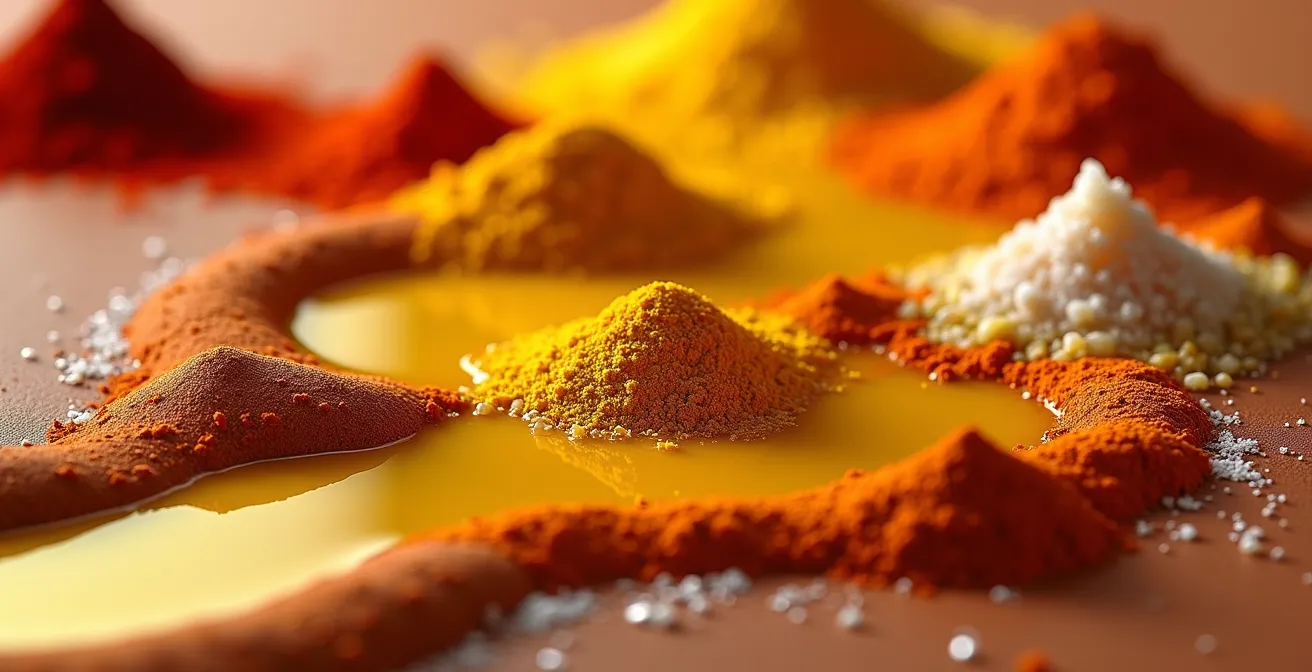 Composición macro de especias españolas creando texturas abstractas y patrones sensoriales