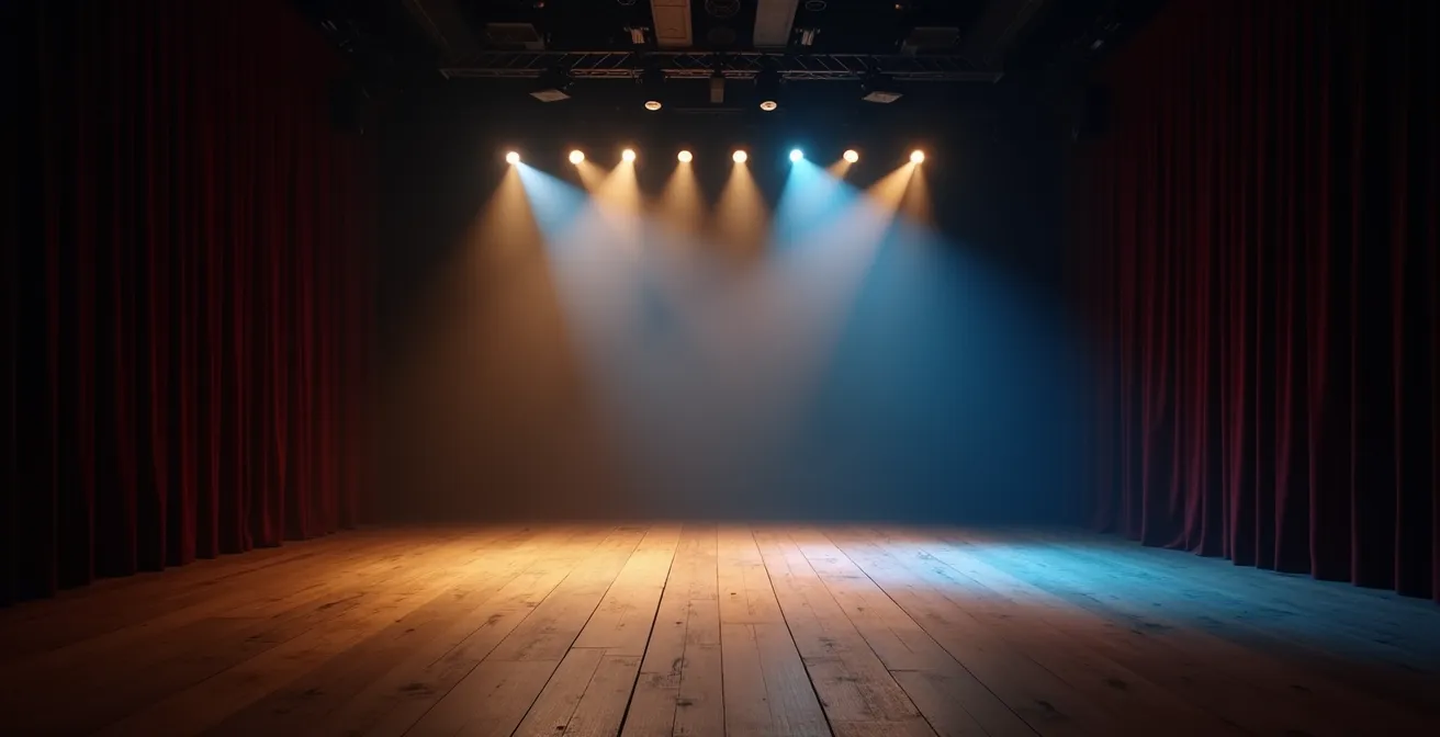 Escenario teatral con juego de luces y sombras creando tensión dramática