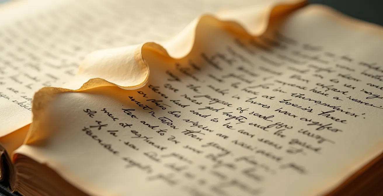 Vista macro de páginas de manuscrito mostrando estructura de tensión narrativa en patrones visuales