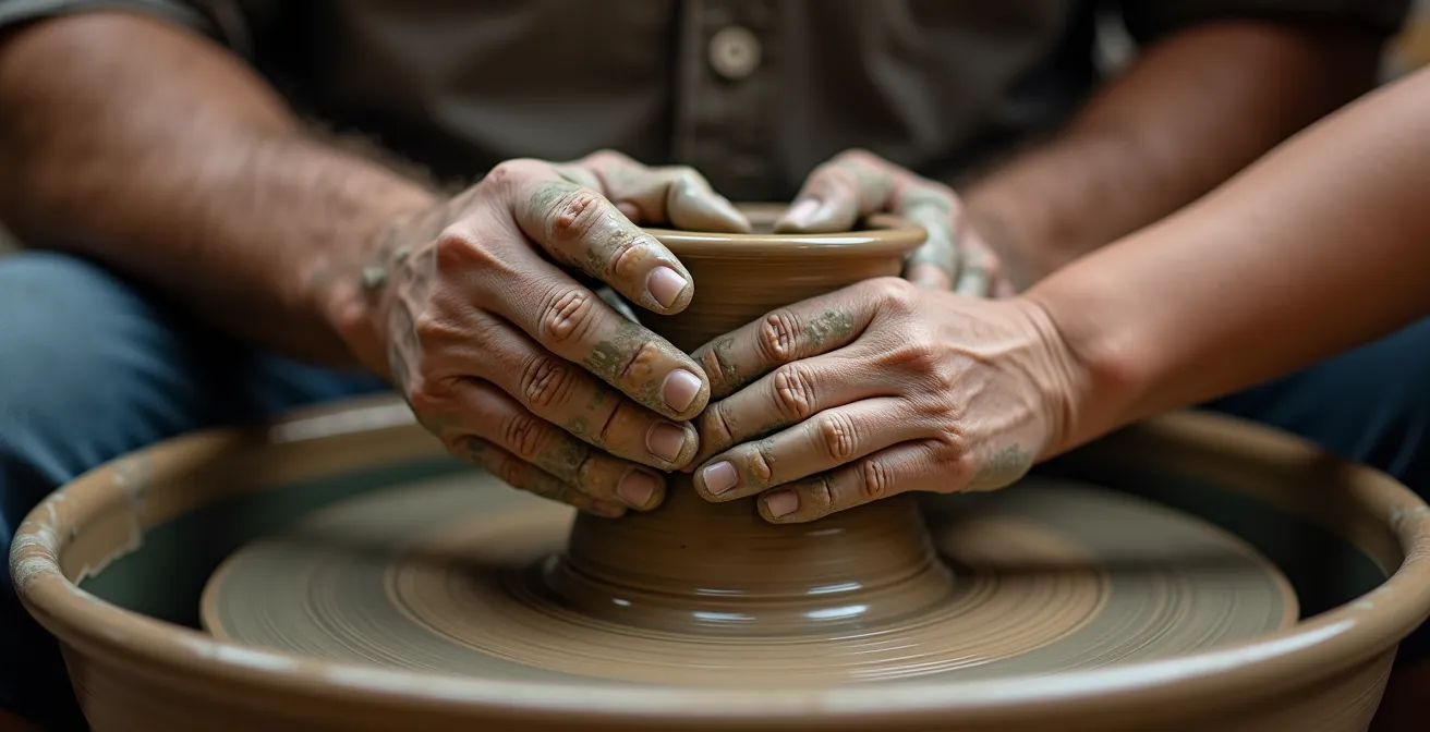 Detalle macro de manos expertas del maestro ceramista guiando las del aprendiz en el torno