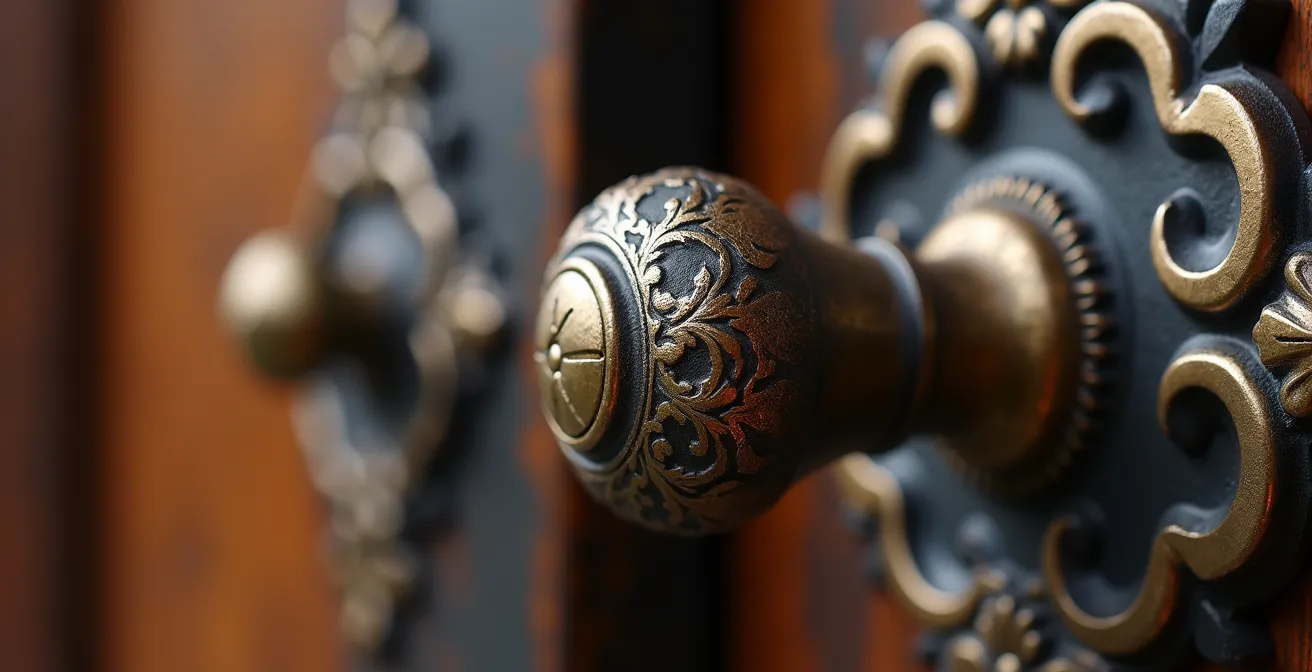 Detalle macro de un picaporte ornamentado con pátina del uso diario