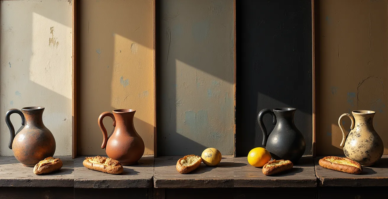 Bodegón al estilo de Zurbarán mostrando las cinco fases de construcción de la pintura al óleo