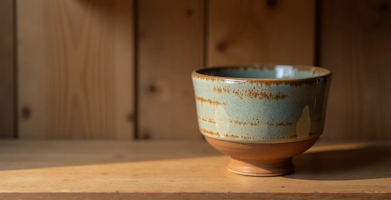 Detalle de cerámica artesanal española colocada a altura óptima en estantería de madera