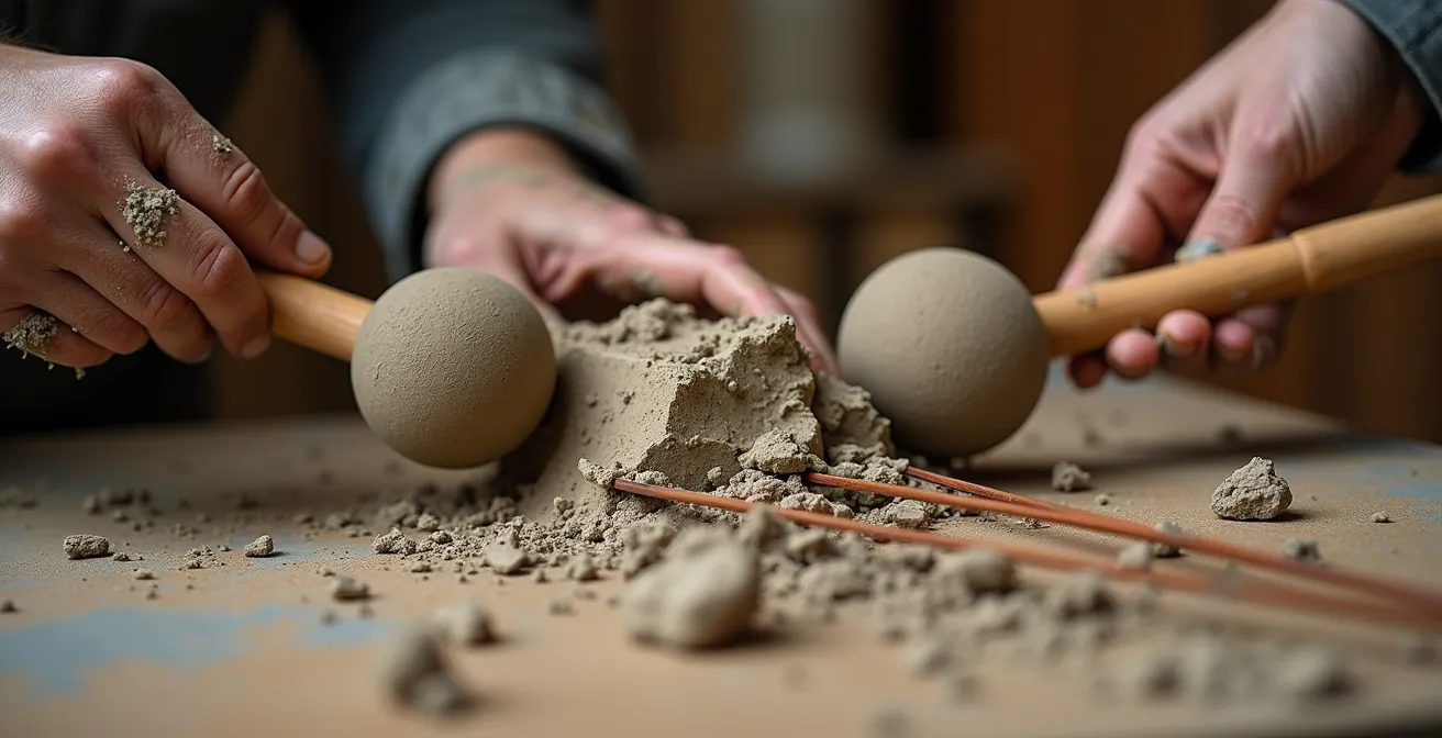 Colaboración creativa entre músico y escultor en un espacio de trabajo compartido