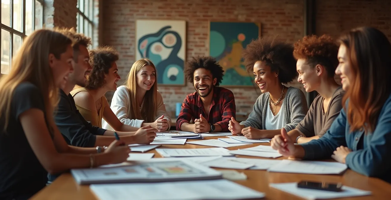 Grupo diverso de artistas en reunión fundacional de colectivo en espacio industrial reconvertido