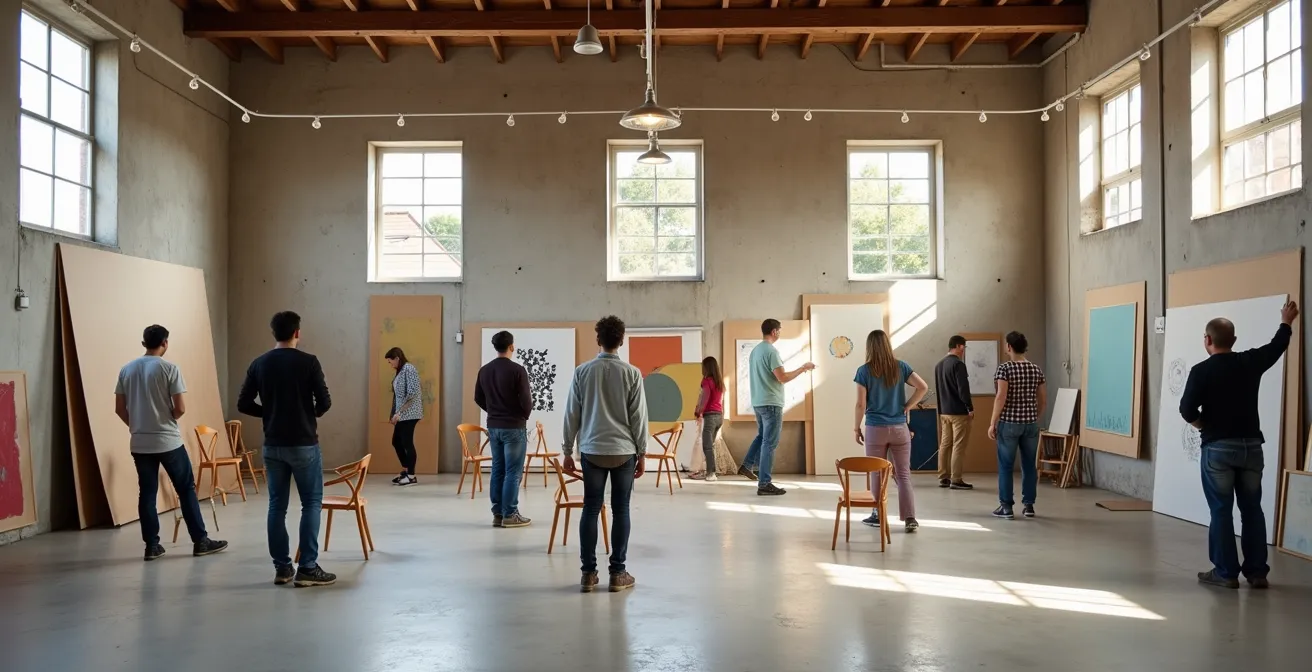 Grupo de artistas reunidos en un espacio cultural alternativo planificando la creación de su colectivo