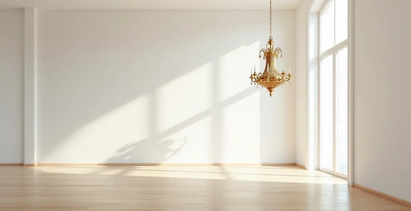 Espacio arquitectónico mostrando el contraste entre el vacío zen y elementos barrocos