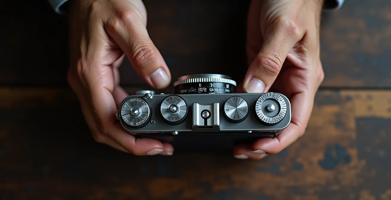 Manos de fotógrafo ajustando controles de cámara profesional con luz natural