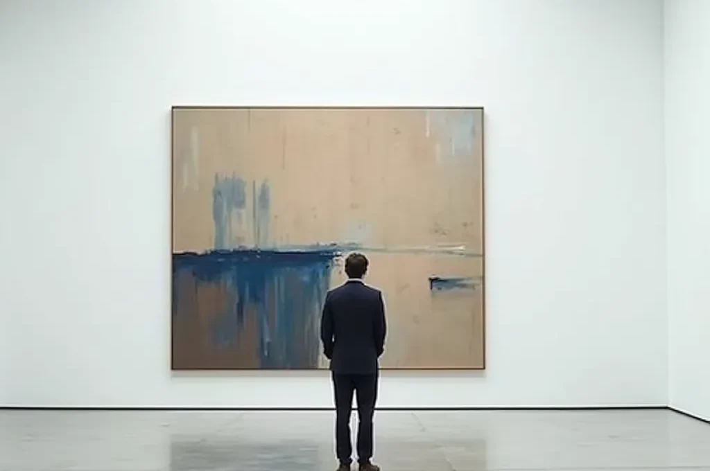 Visitante contemplando una obra abstracta en un museo español, mostrando la conexión emocional con el arte