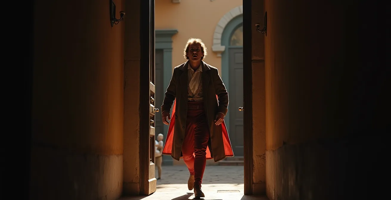 Escena teatral mostrando la entrada dramática de personajes en el eje Z