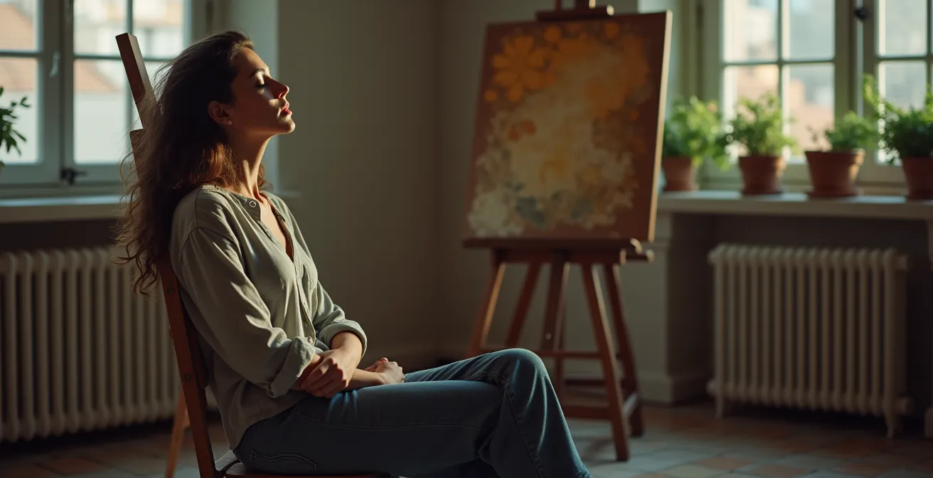 Retrato humano de artista tomando un respiro contemplativo en su estudio, con obras en proceso al fondo