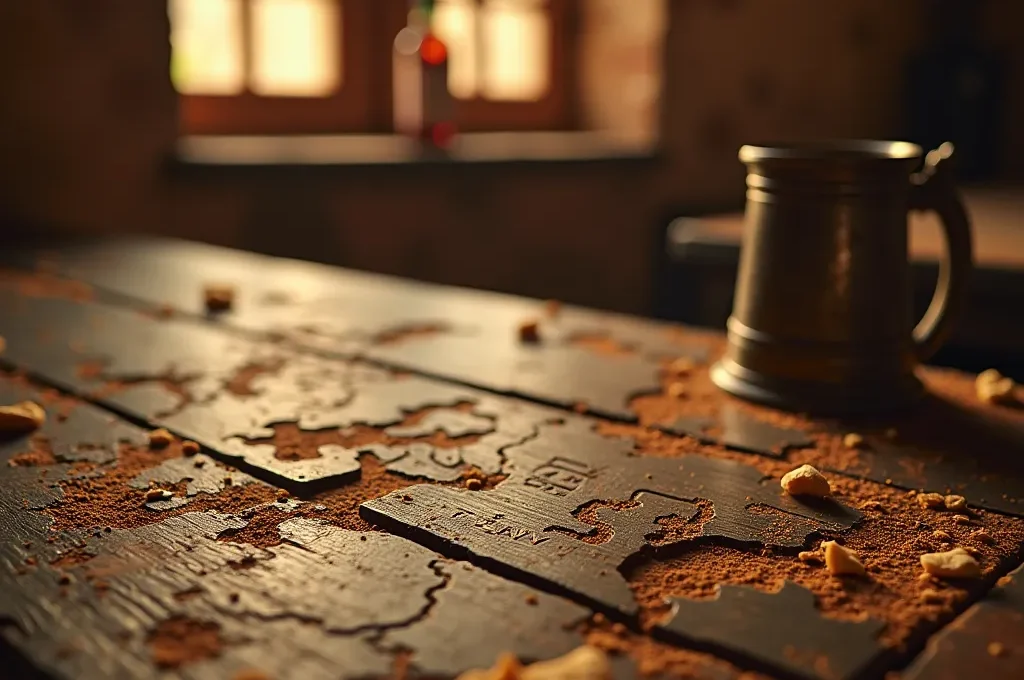 Interior atmosférico de una taberna con detalles arquitectónicos mudéjares y luz dorada