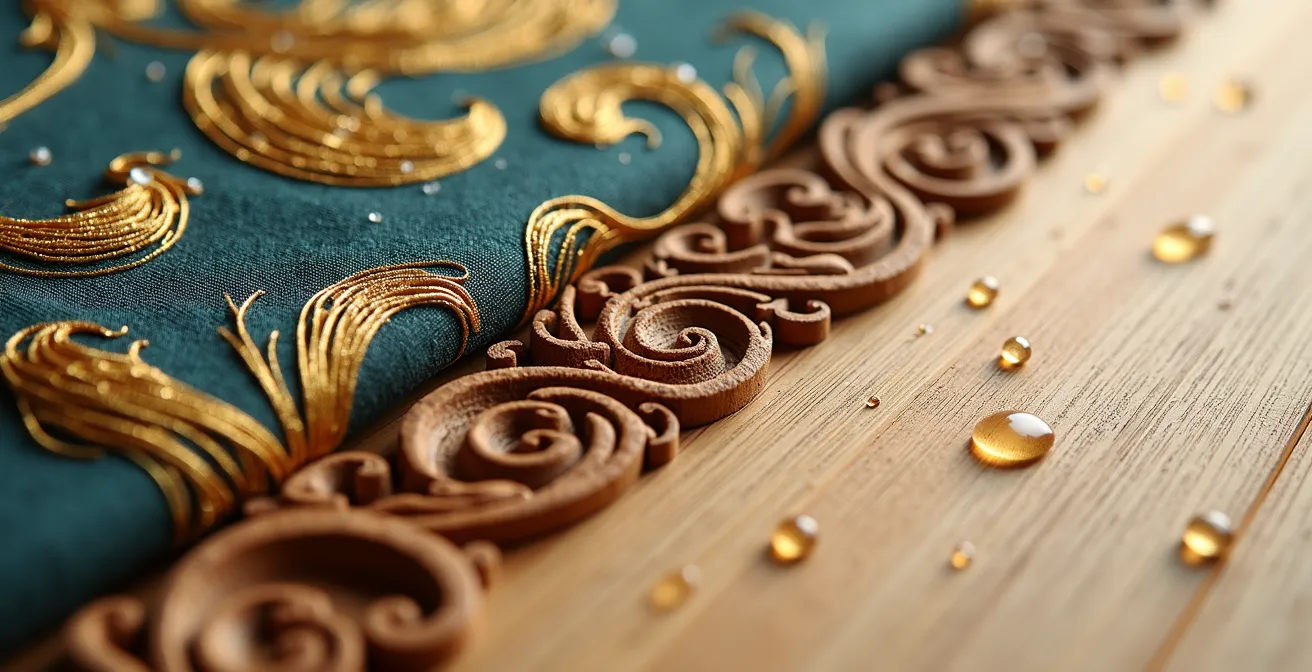 Composición macro de texturas barrocas españolas y japonesas en diálogo visual