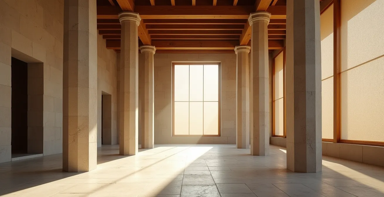 Interior arquitectónico donde la luz dramática del tenebrismo español dialoga con las sombras sutiles japonesas