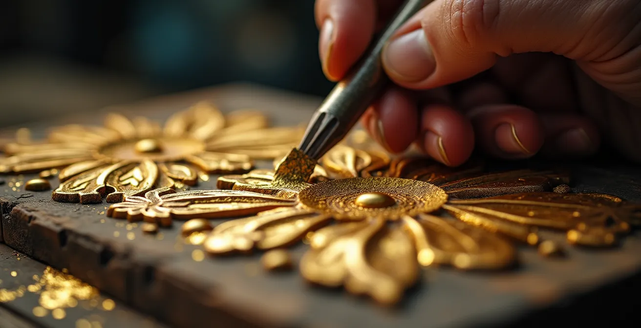 Equipo de grabación profesional documentando el trabajo detallado de un artesano dorador