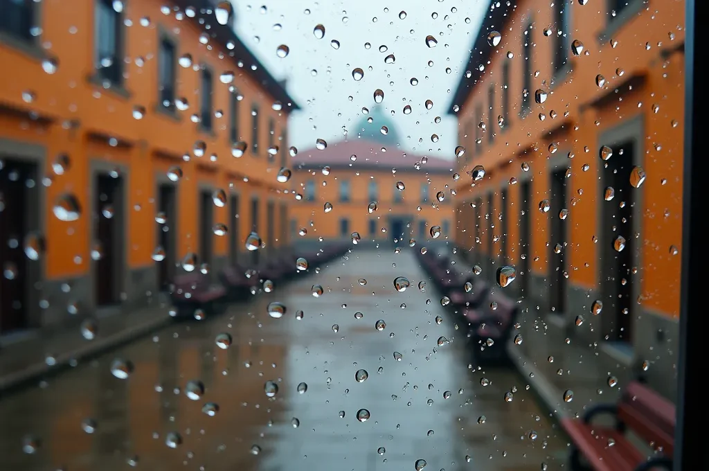 Macro detalle de gotas de lluvia sobre ventana con vista borrosa de plaza española
