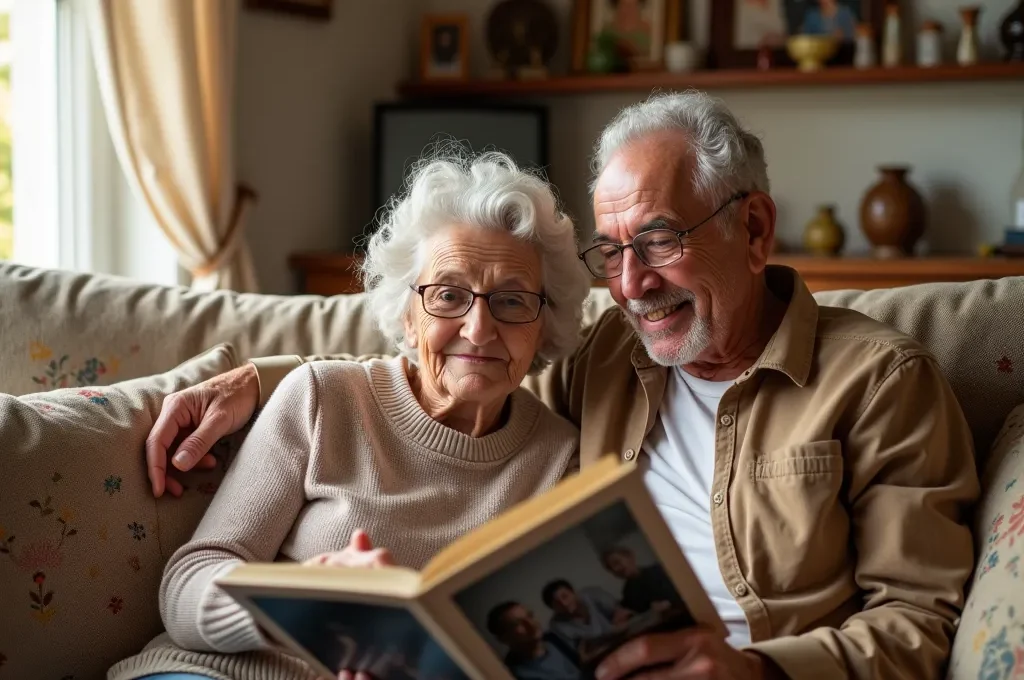 Abuelos españoles mirando álbum de fotos antiguas mientras nieta graba con smartphone
