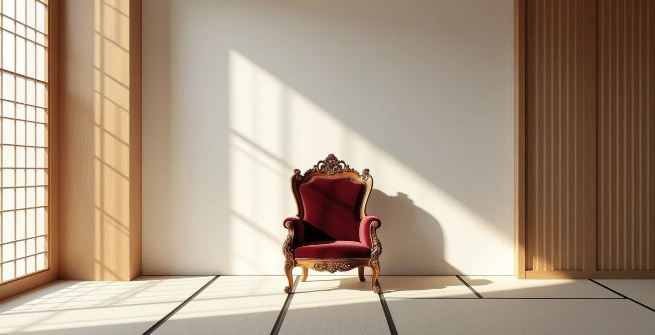 Espacio interior mostrando el principio de escenario minimalista japonés con protagonista barroco español