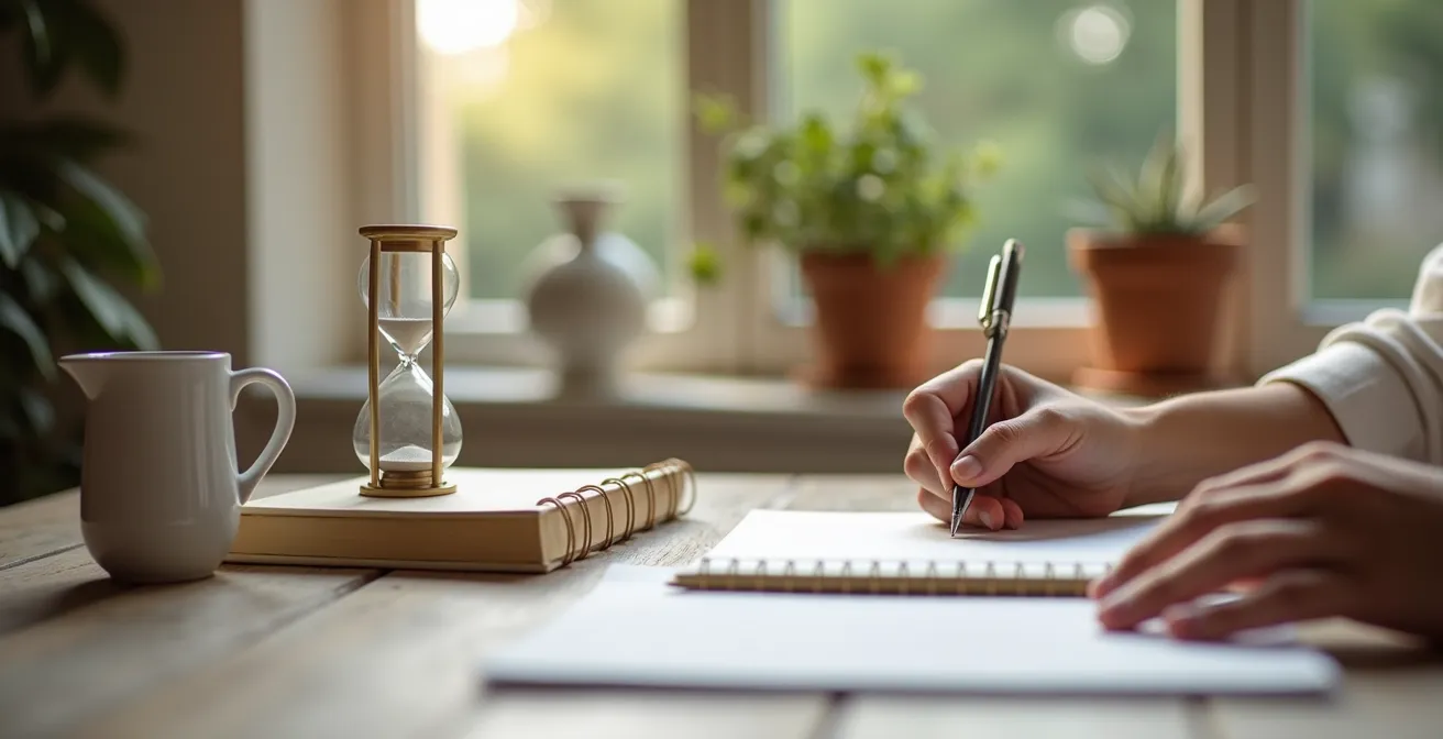 Escritor practicando escritura automática con temporizador visible