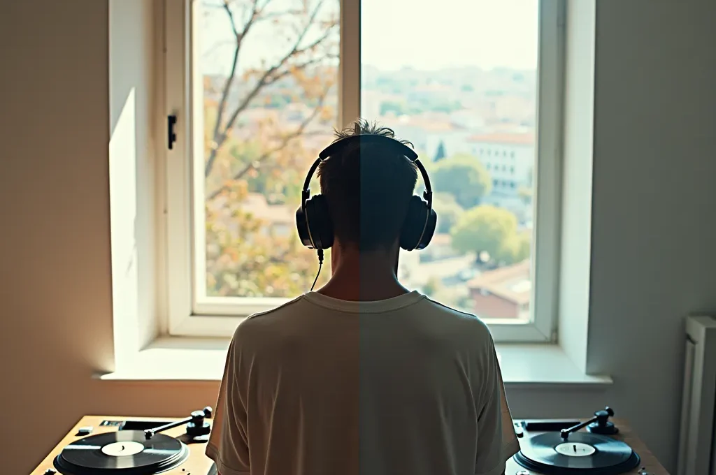 Persona con auriculares en ambiente minimalista dividido entre caos digital y calma contemplativa