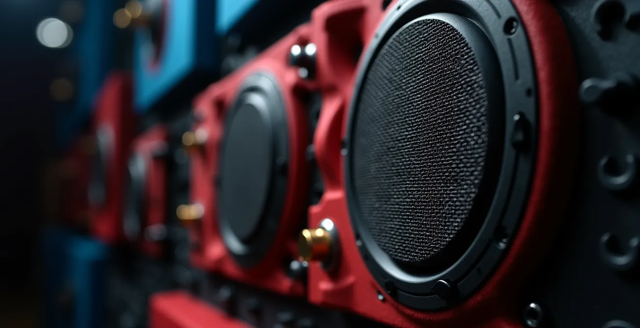 Vista macro de altavoces y elementos de diseño sonoro espacial en un teatro experimental