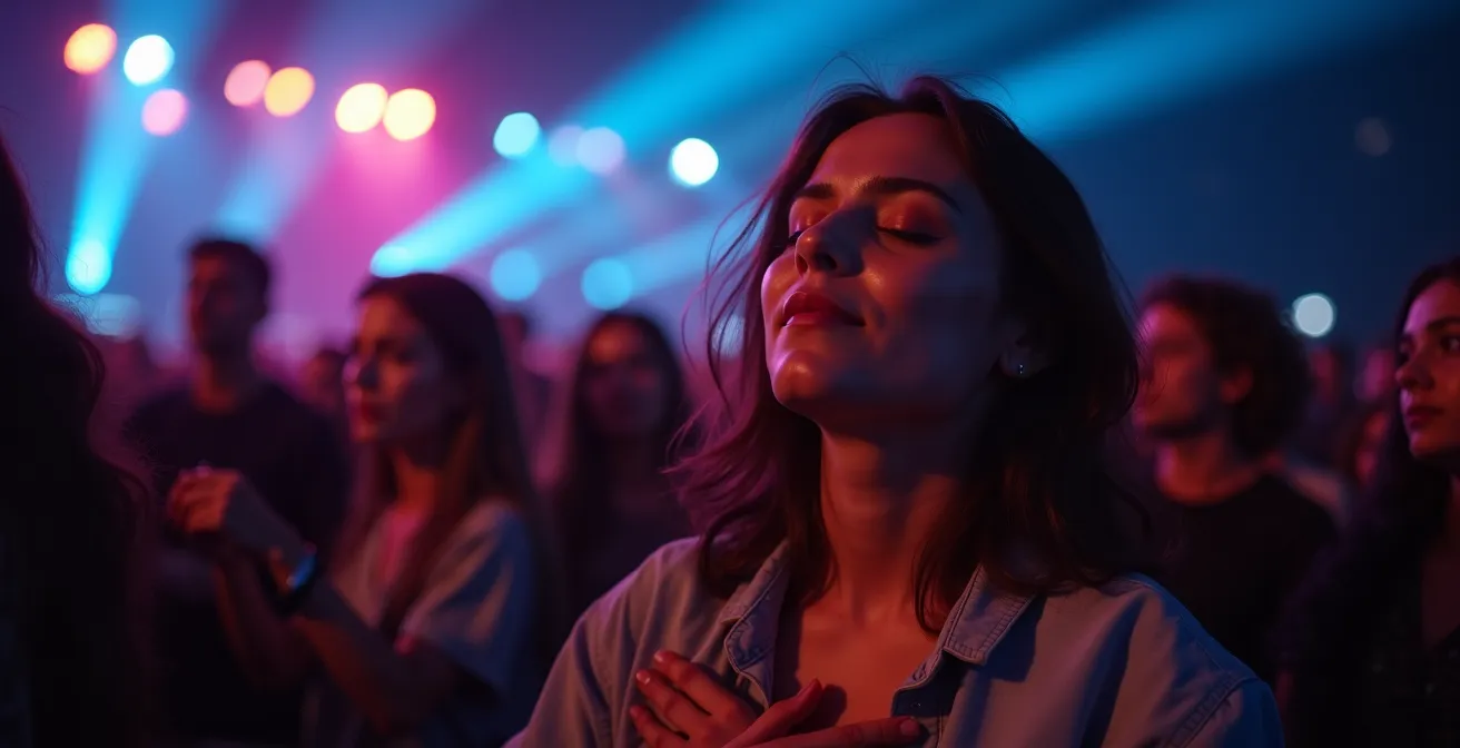 Persona disfrutando de un concierto con las manos libres, absorta en la experiencia musical del momento presente