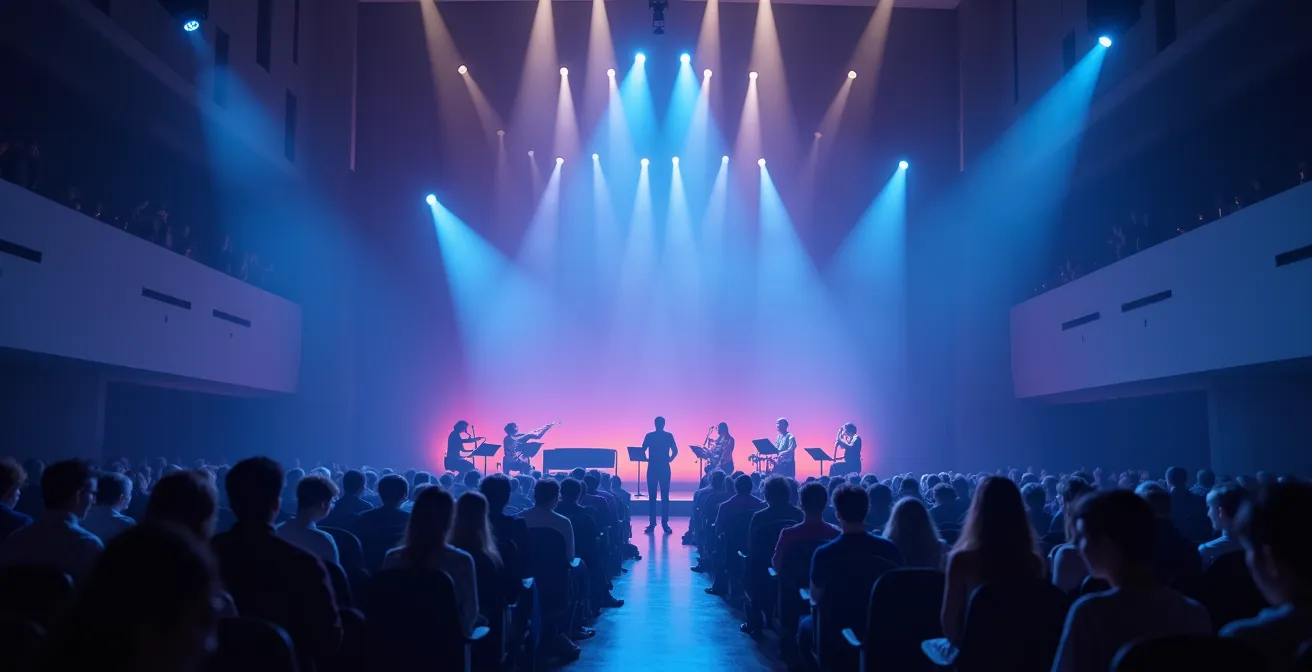 Visualización abstracta de ondas sonoras graves en un espacio orquestal