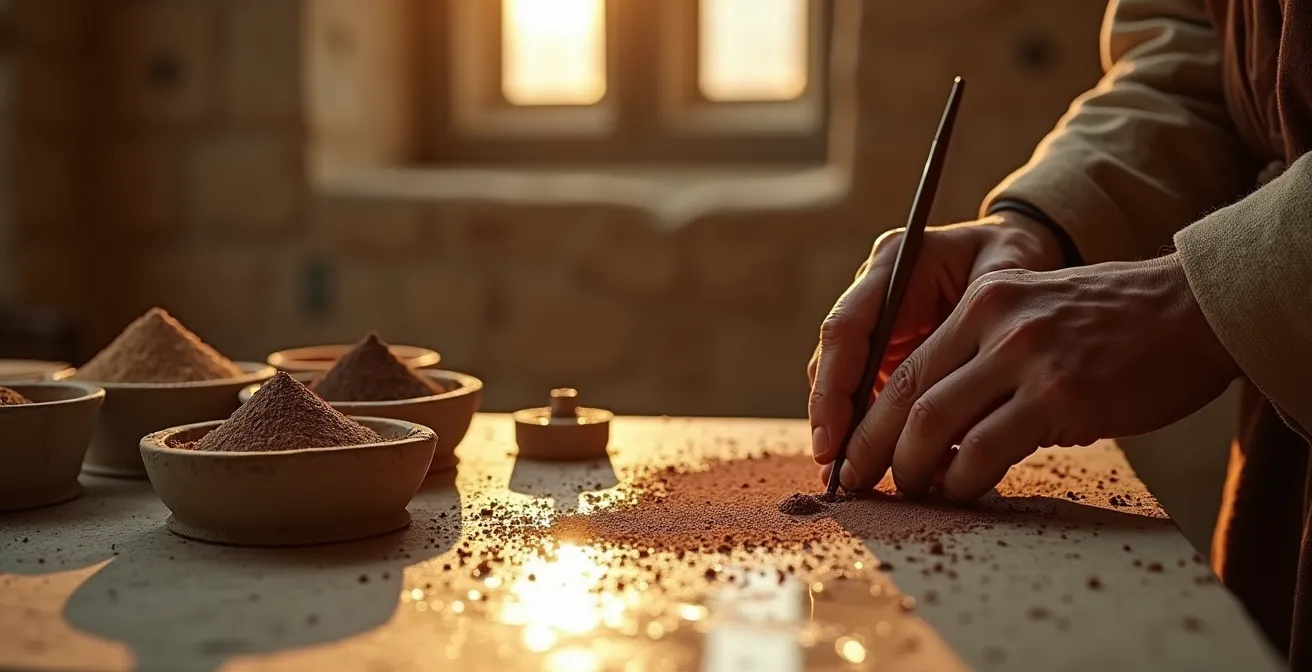 Maestro pintor medieval aplicando pigmentos sobre mortero fresco en una iglesia románica