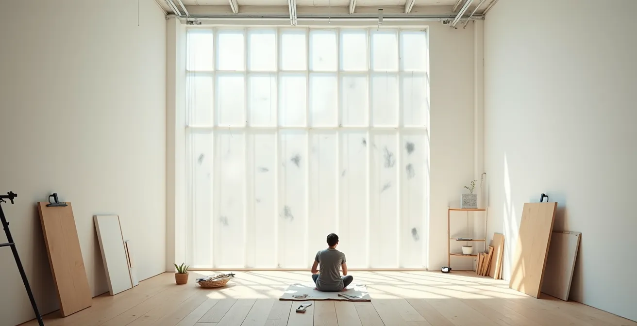 Artista joven trabajando solo en un espacio minimalista iluminado, creando su propia obra única