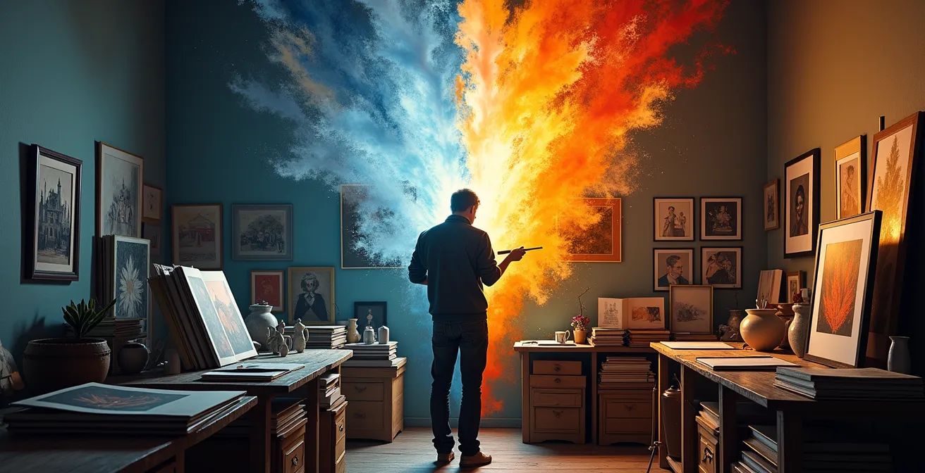 Artista trabajando en su estilo único rodeado de múltiples influencias visuales