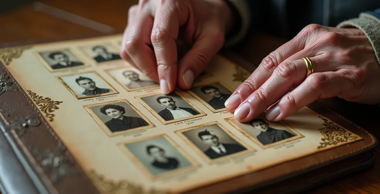 Manos creando un índice visual de rostros familiares en álbum genealógico