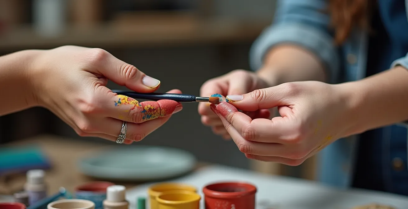 Artistas intercambiando materiales y conocimientos en taller colaborativo con luz natural