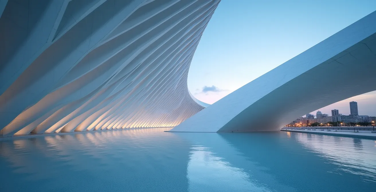 Fotografía arquitectónica con líneas diagonales convergentes de la Ciudad de las Artes y las Ciencias de Valencia