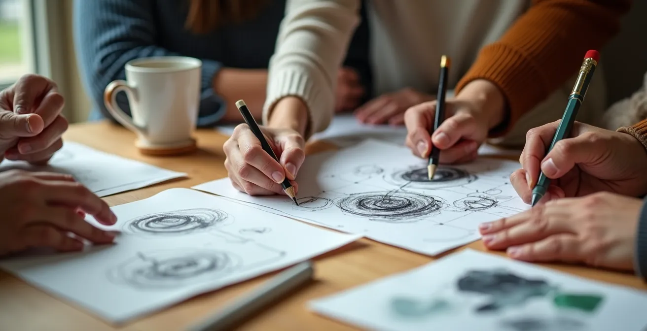 Mesa de trabajo con documentos de planificación artística y manos colaborando