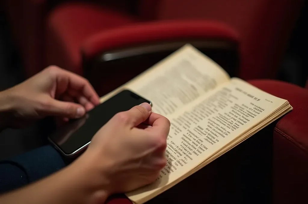 Manos de espectador sosteniendo programa de teatro con móvil guardado al lado