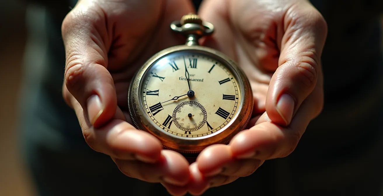 Detalle macro de manos sosteniendo un reloj antiguo con marcas del tiempo, sugiriendo historias ocultas.