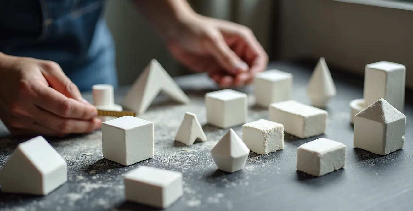 Maquetas experimentales de tiza en estudio de escultor explorando volúmenes y vacíos