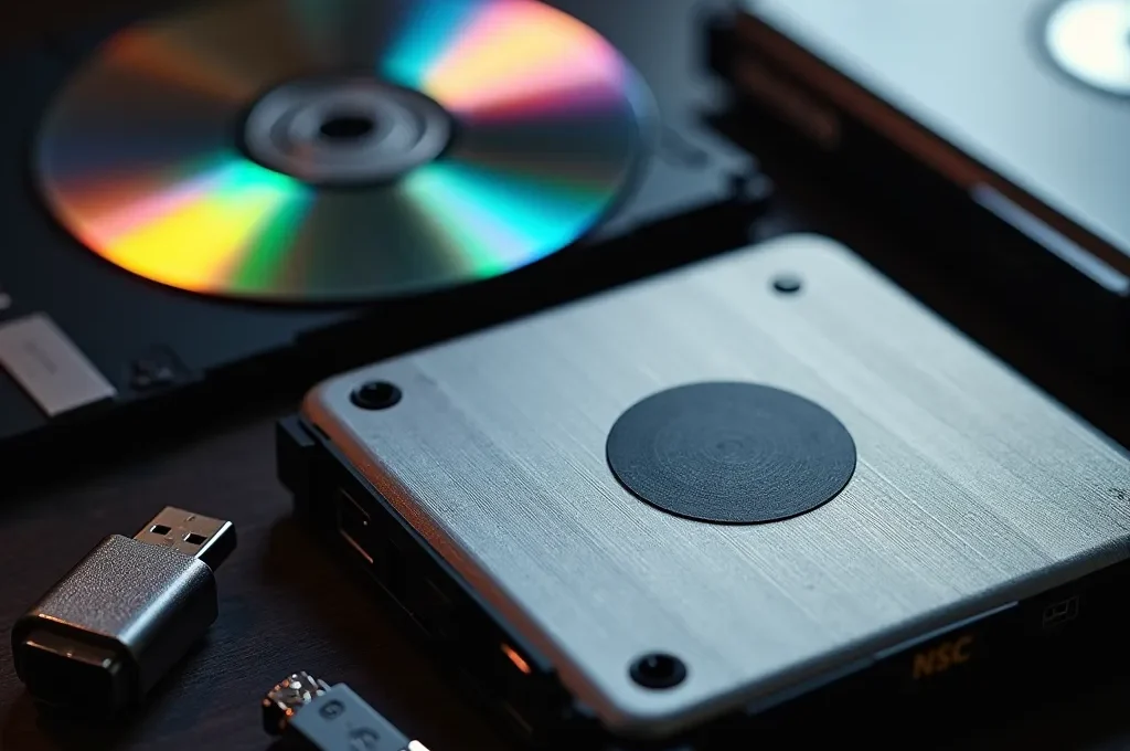 Mesa de trabajo con diversos soportes de almacenamiento organizados cronológicamente