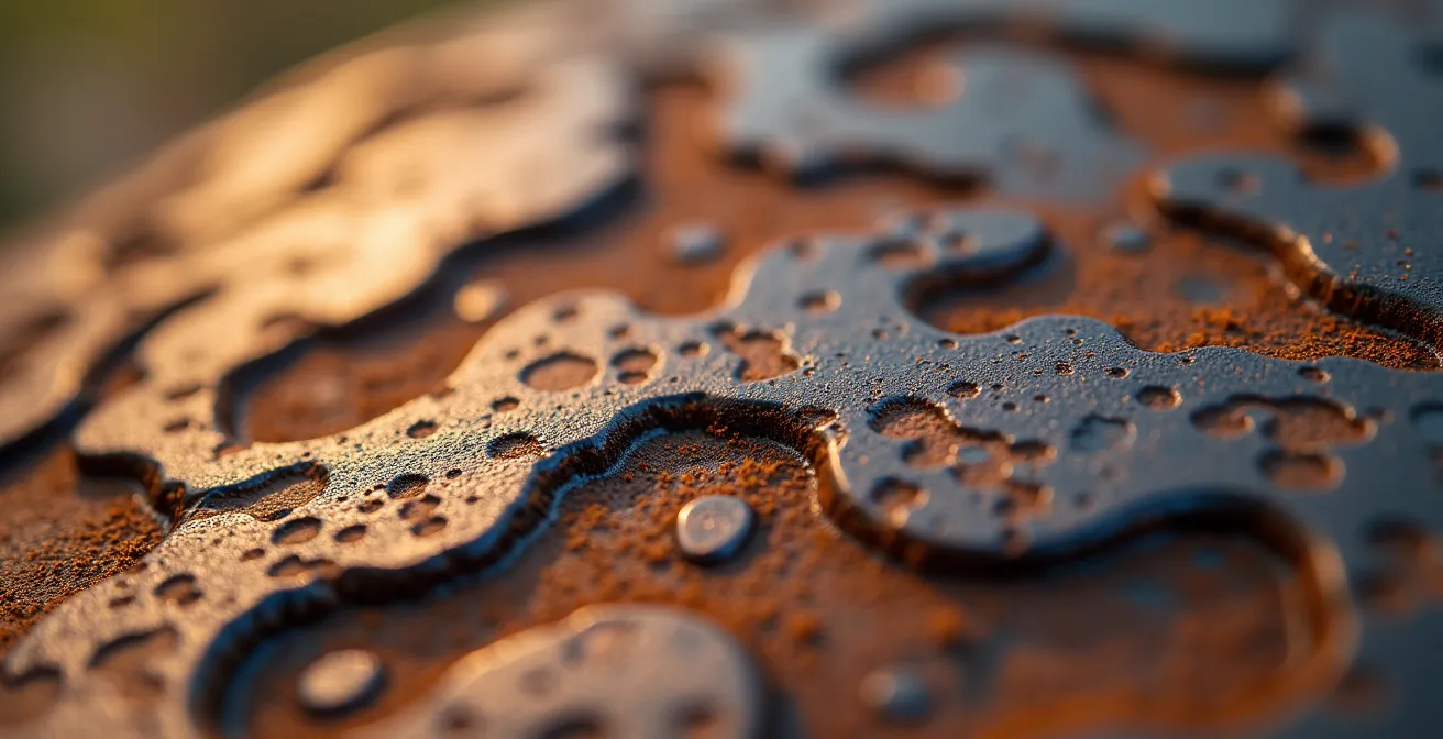 Primer plano macro de superficie de acero oxidado mostrando texturas y pátina