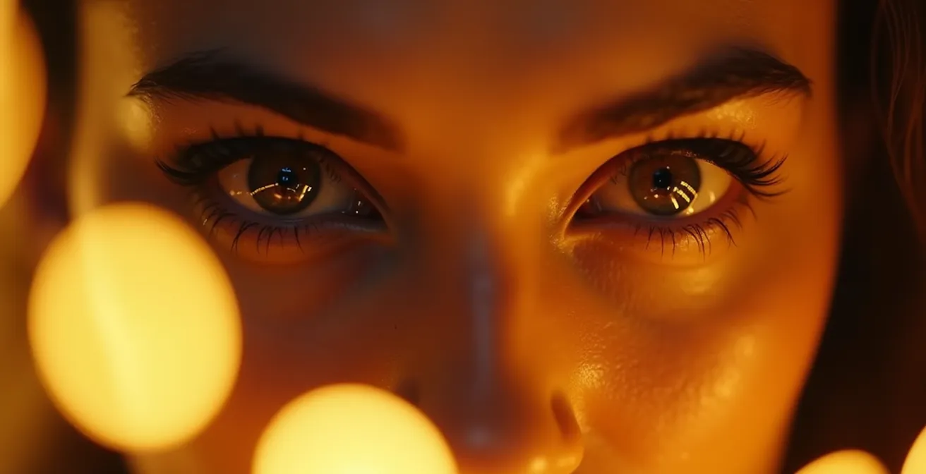 Primer plano de los ojos de un actor con reflejos dorados mirando al infinito