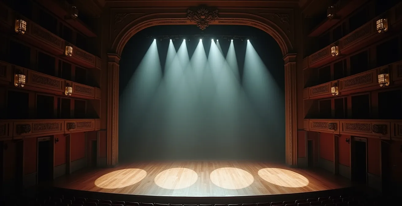 Vista amplia de un escenario teatral con múltiples capas de acción simultánea y juegos de luces