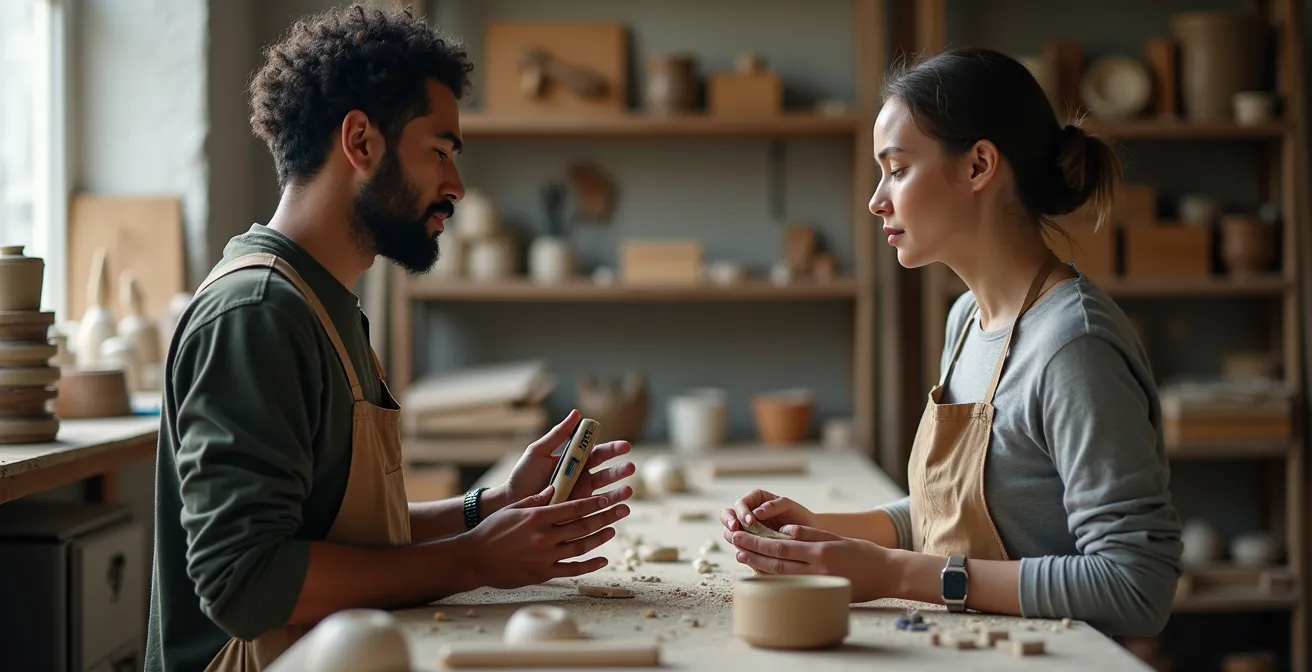 Músico y escultor trabajando juntos en un estudio, intercambiando ideas mediante gestos y materiales sonoros