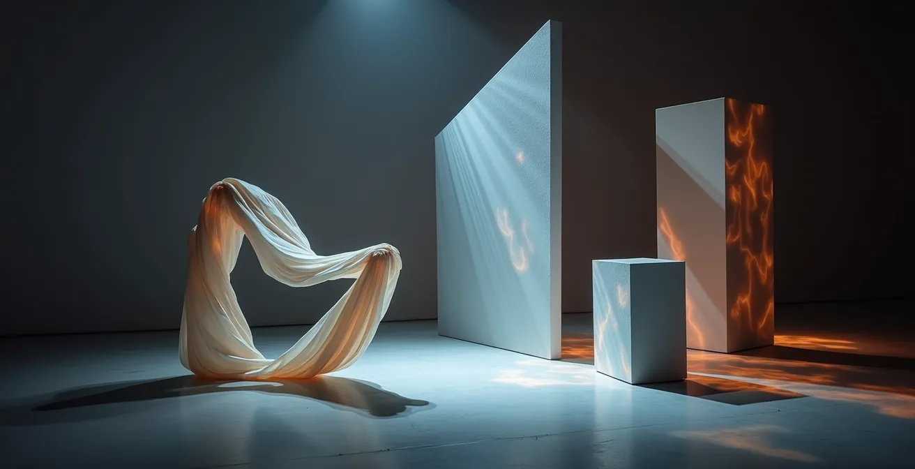 Diagrama temporal visual mostrando la integración de danza, música y proyecciones en una línea de tiempo escénica