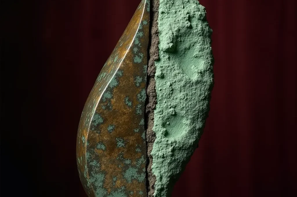 Detalle de pátina noble en bronce antiguo mostrando la diferencia entre oxidación estable y corrosión activa