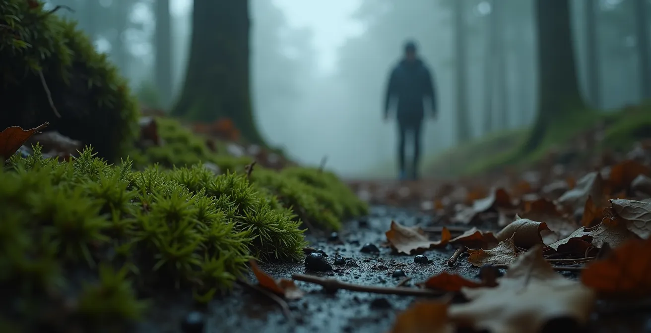 Bosque gallego con niebla densa y figura solitaria entre árboles