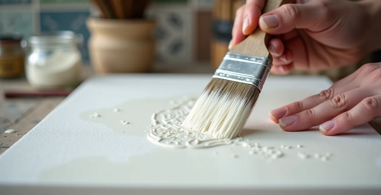 Manos aplicando gesso sobre lienzo virgen con técnica profesional en estudio de arte