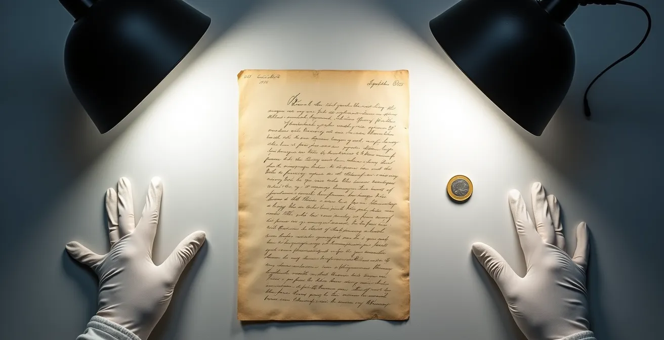 Mesa de trabajo con documento antiguo siendo fotografiado con técnica profesional