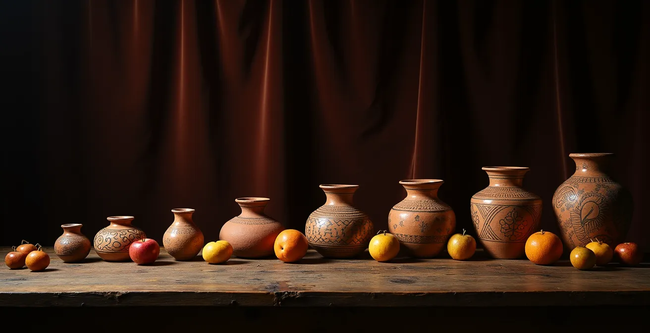 Composición artística con técnicas de claroscuro y objetos tradicionales españoles