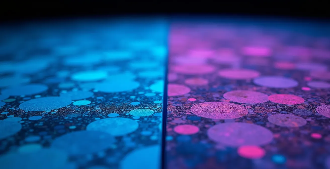 Lámpara UV revelando diferencias entre mármol auténtico y resina bajo luz ultravioleta