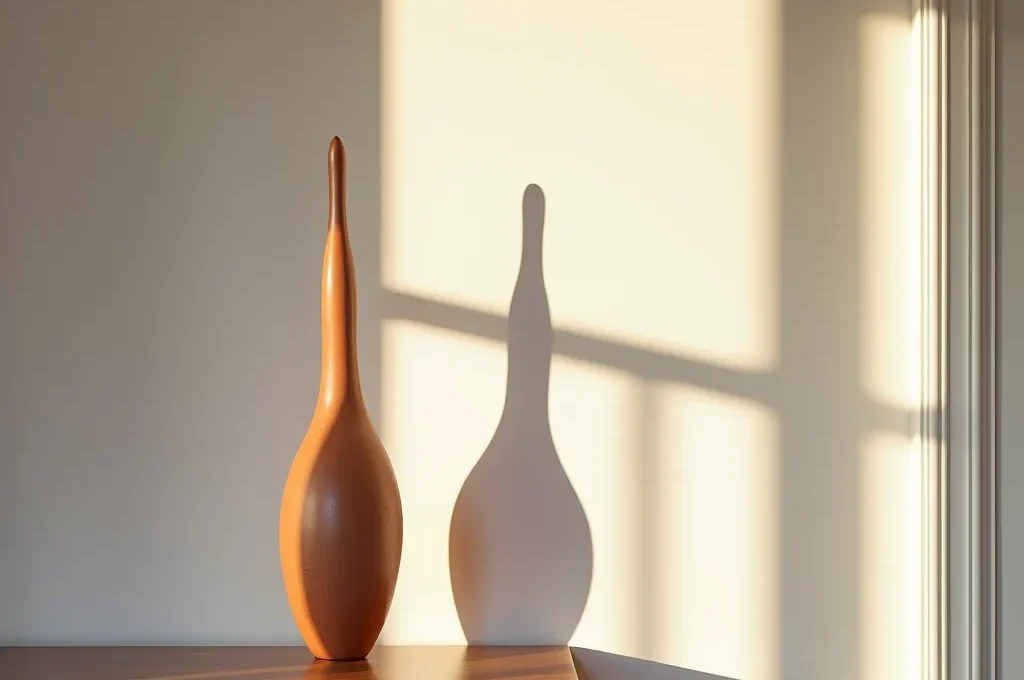 Escultura vertical esbelta en salón de 25 metros cuadrados con efecto de amplitud visual